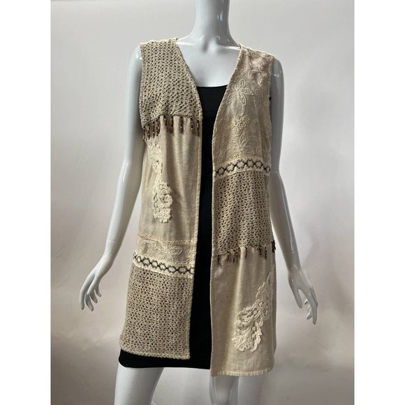 Vintage Megan Moore Womens Open Vest Beige Floral Crochet Embroidered USA 10 - Picture 1 of 12